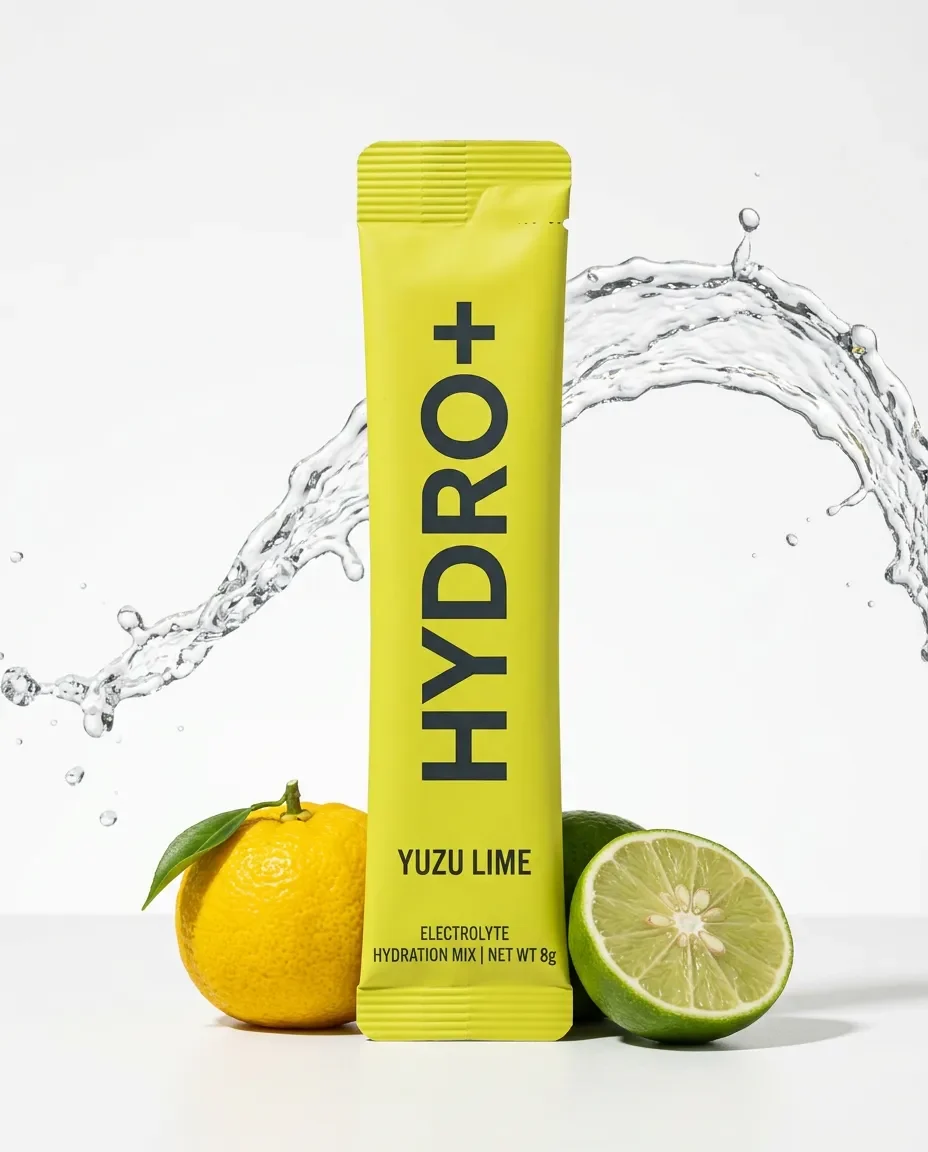 Hydro+ Yuzu Lime stick pack with yuzu, lime and a water splash
