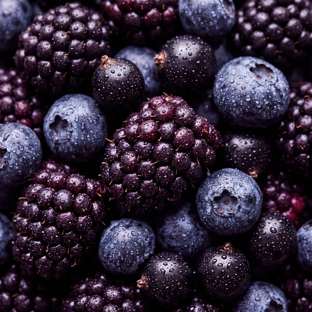 Dark wild berries with fine water droplets