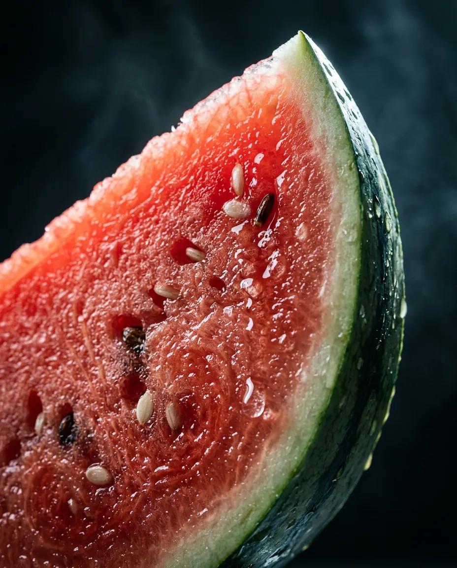 Backlit macro of a ripe watermelon wedge with juice droplets and glowing translucent flesh