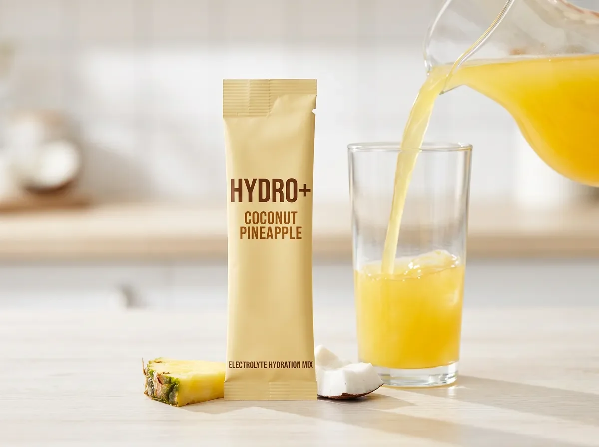 Golden coconut-pineapple Hydro+ drink pouring into a glass