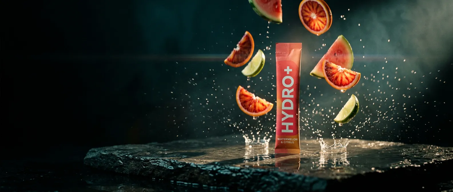 Cinematic still of a Hydro+ stick pack lit by a hard shaft of light as fruit and water burst around it