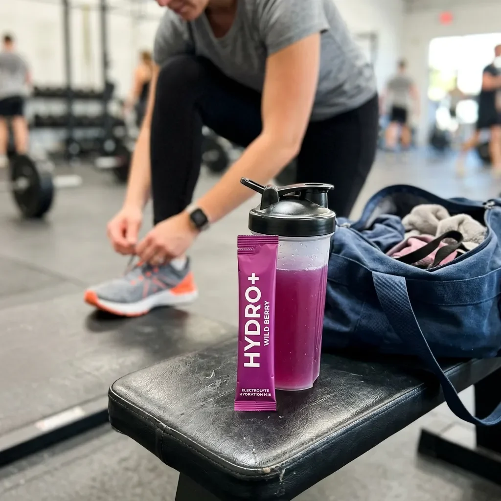Hydro+ stick pack on a gym bench next to a gym bag and shaker bottle