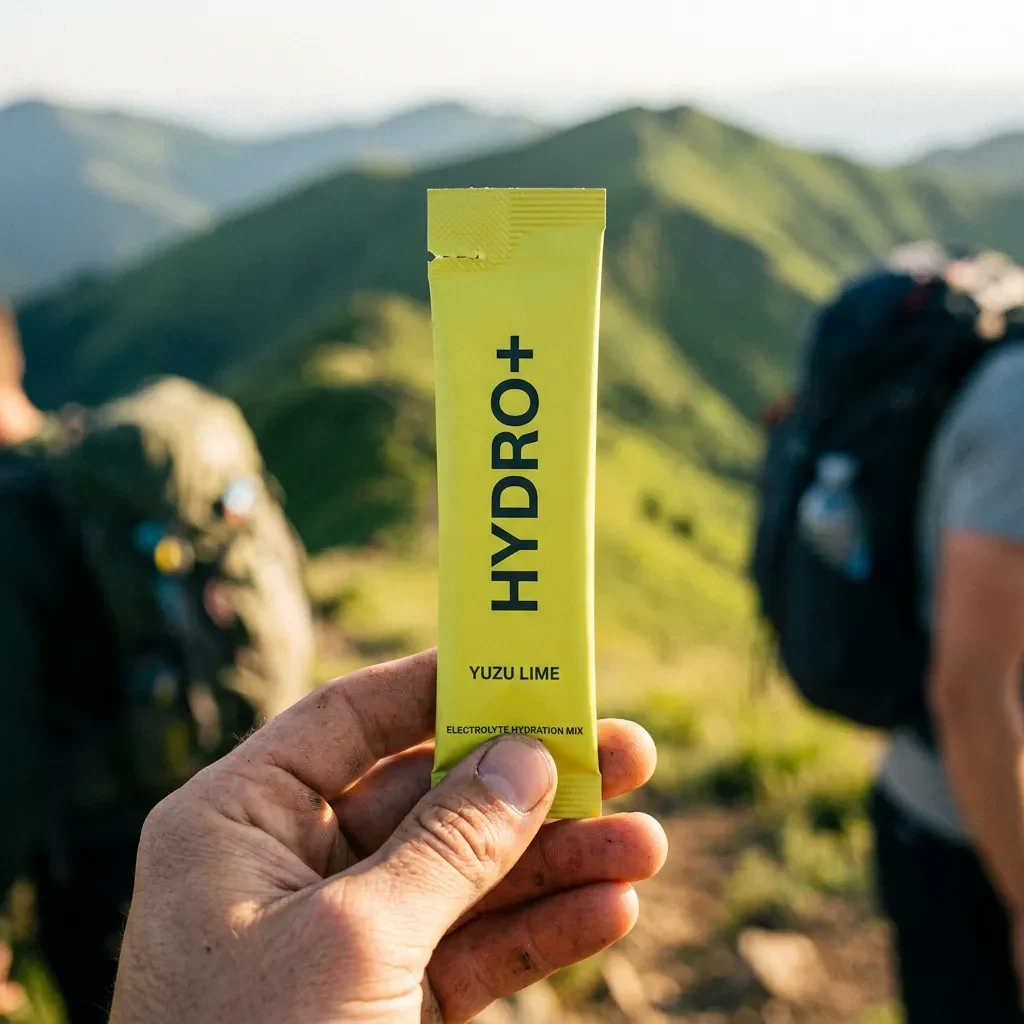 Hiker holding a Hydro+ stick pack on a sunlit trail at golden hour