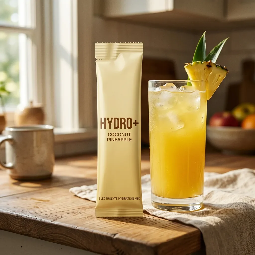 Sunlit kitchen counter with a Hydro+ stick pack and a golden drink