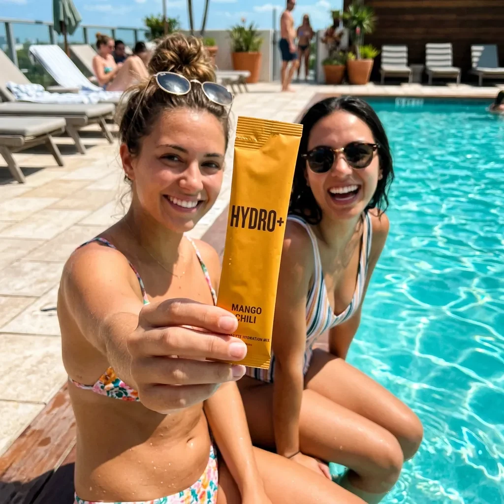 Two friends by the pool holding up a Hydro+ Mango Chili stick pack
