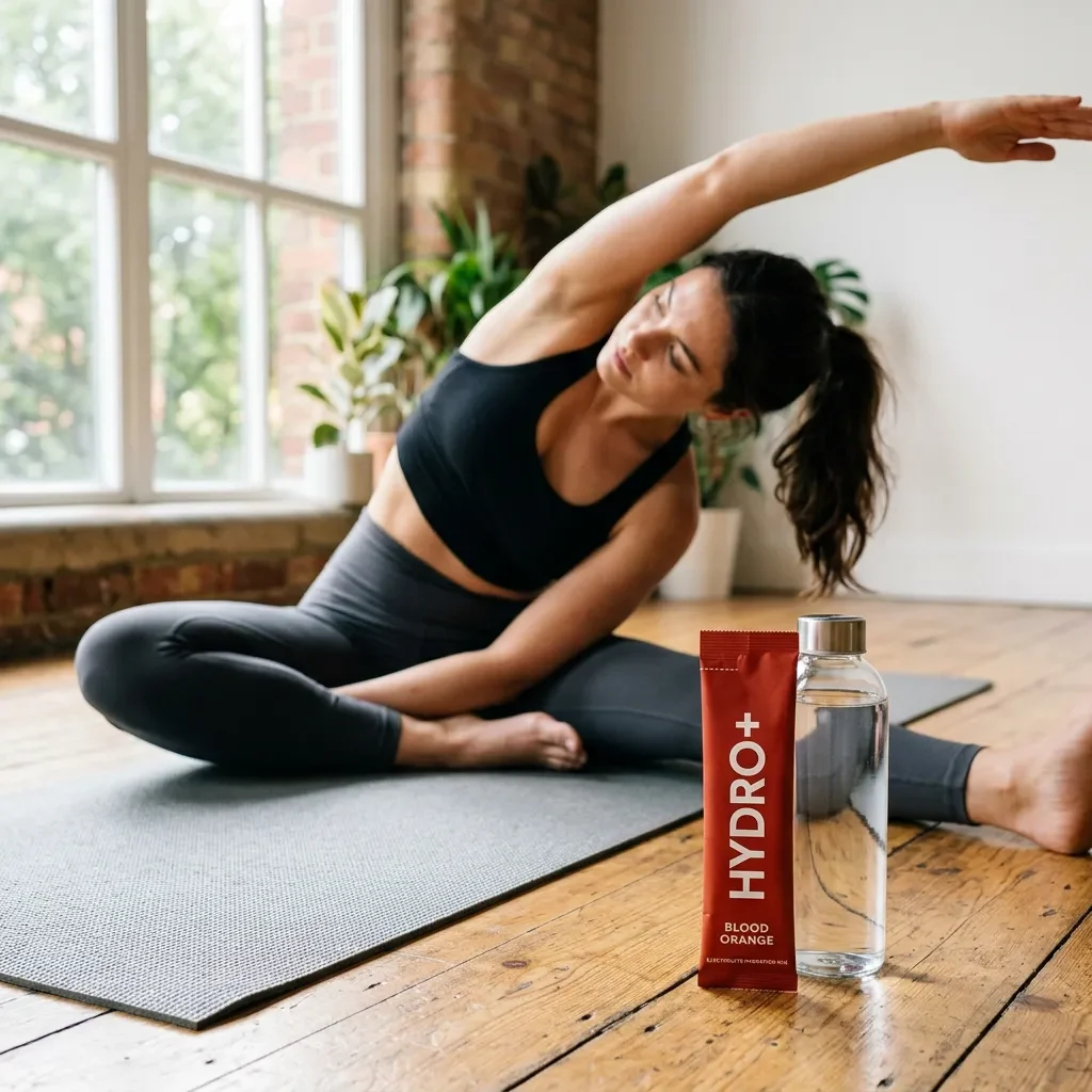 Person stretching on a yoga mat with a Hydro+ stick pack nearby